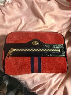 Gucci Red Suede Cosmetic Pouch with Navy Stripe and Gold Hardware